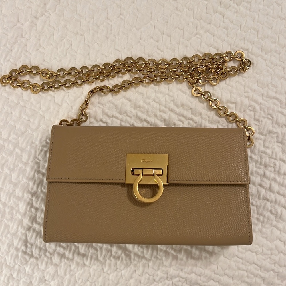 Salvatore Ferragamo Beige Saffiano Leather Gancini Crossbody Bag